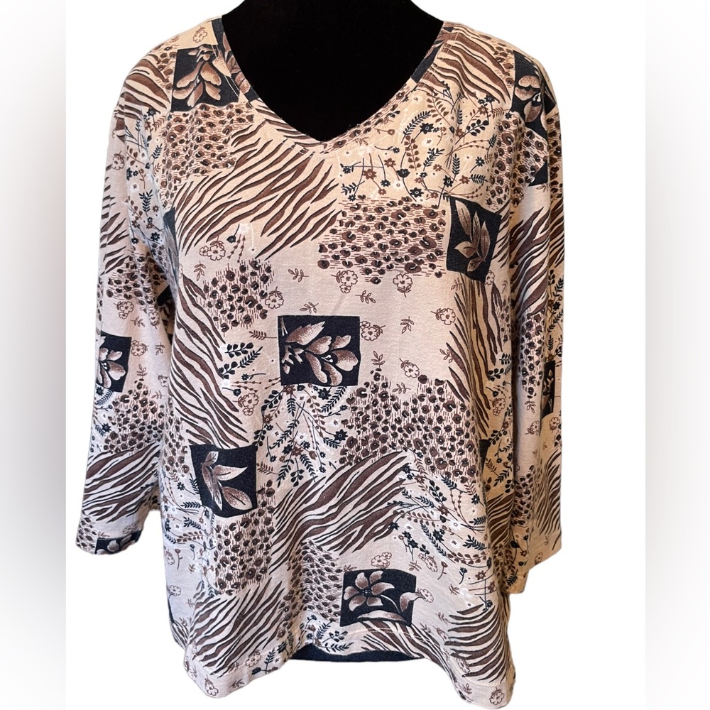 Erika Vintage 90s Brown Eclectic Hippie Boho Animal Print Floral Patchwork Top